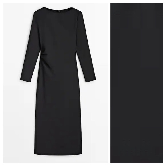 NWT. Massimo Dutti Black Wool Blend Midi Dress with Gathered Side. Size S. - Picture 5 of 11